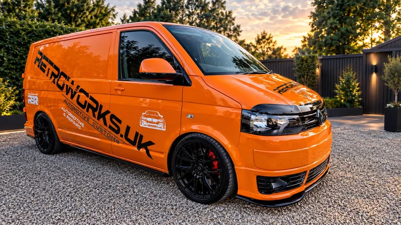 The orange Retroworks mobile service van parked on a gravel drive