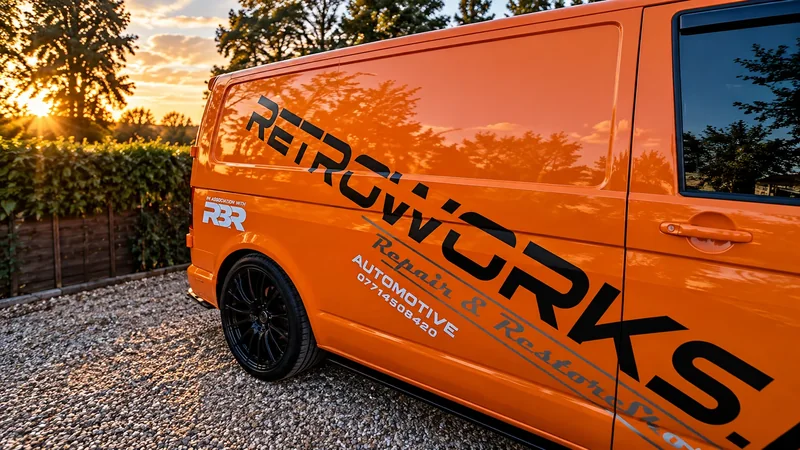 Close-up of the Retroworks lettering on the side of the van